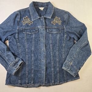Christopher & Banks Shirt Jacket Womens XL Blue Denim Floral Embroidered Snap